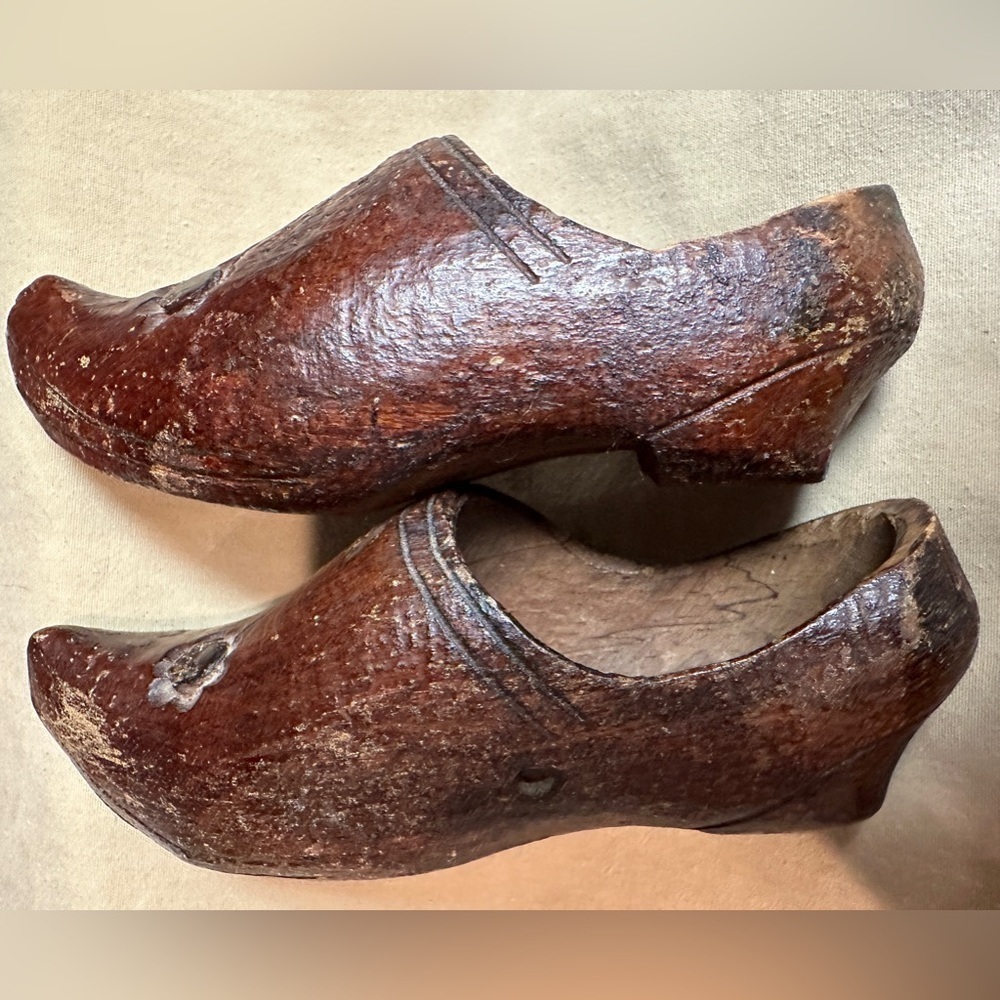 Rustic Hand Carved Antique Vintage Miniature Wooden Souvenir Clogs Flower Detail
